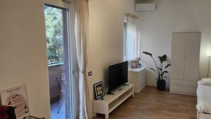 Una habitación con televisión sobre un mueble bajo, armario, radiador y una planta.