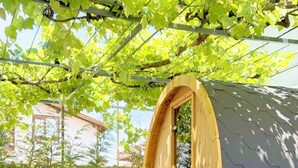 Una estructura de madera con un amplio arco de entrada, una pequeña zona de estar al aire libre y un jacuzzi.