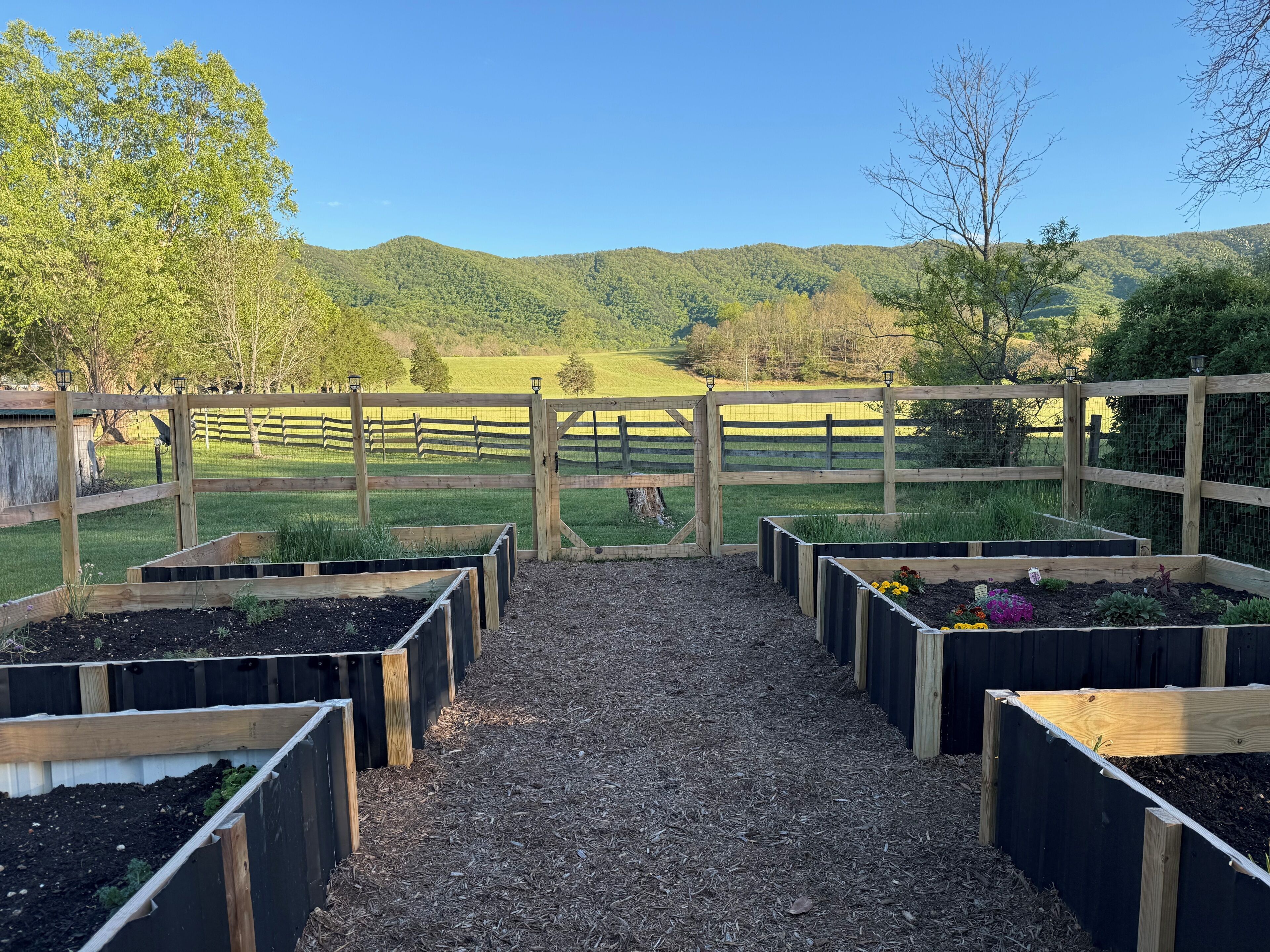 A garden with raised beds, a wooden fence, and a view of green hills.
