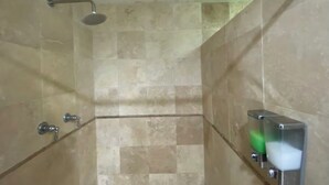 Un box doccia con soffione a mano, divisorio in vetro e dispenser di sapone.