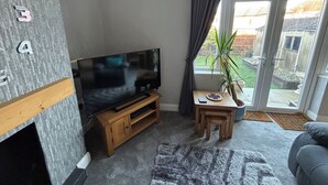 Una sala de estar con un televisor sobre un mueble de madera, una mesita con una planta, una alfombra gris y un sofá gris.