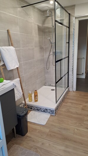 Shower, hair dryer, towels, soap