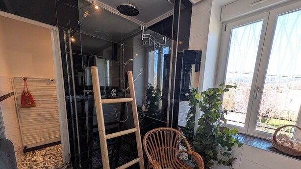 Een badkamer met een douchecabine van glas, een houten stoel en een potplant.