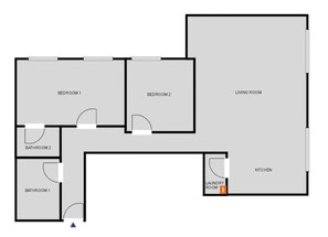 A floor plan with two bedrooms, two bathrooms, a living room, a kitchen, and a laundry room. - Spacious Modern Apartment in Central London (London)