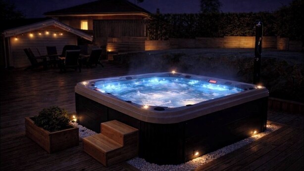 Ein Whirlpool auf einer Holterrasse mit einer überdachten Sitzgelegenheit und einem Gebäude im Hintergrund.