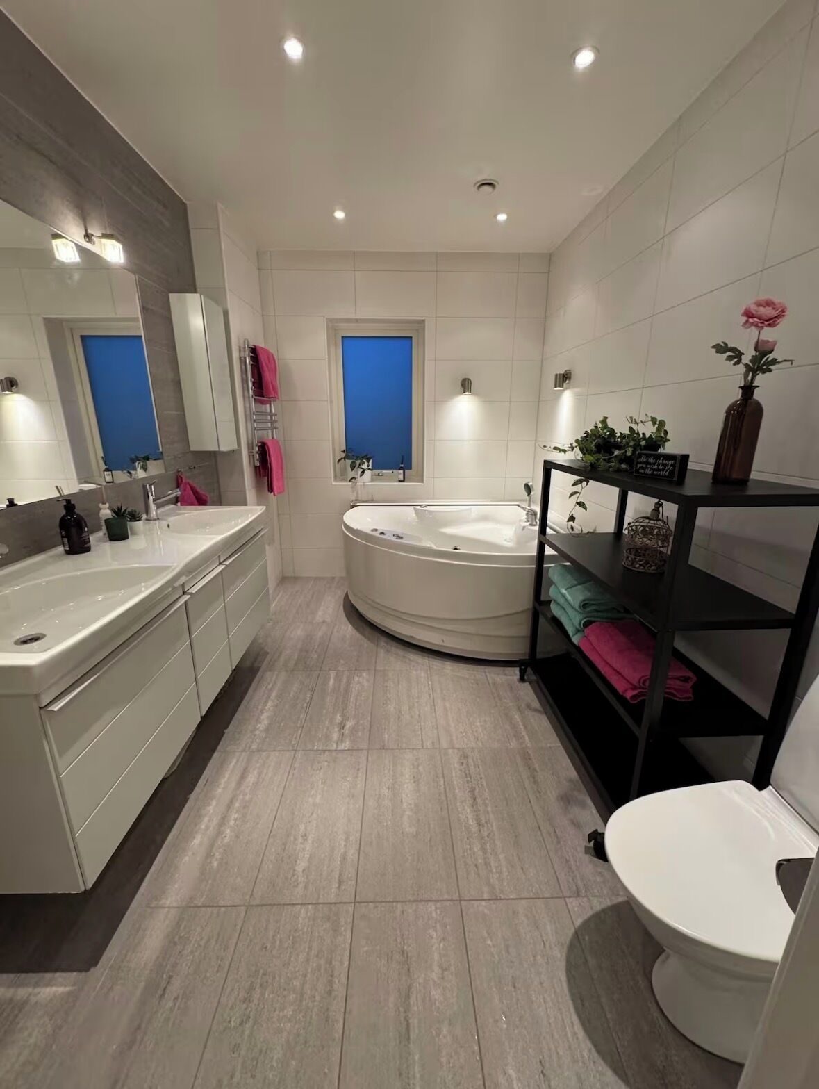 Shower, hair dryer, towels, toilet paper