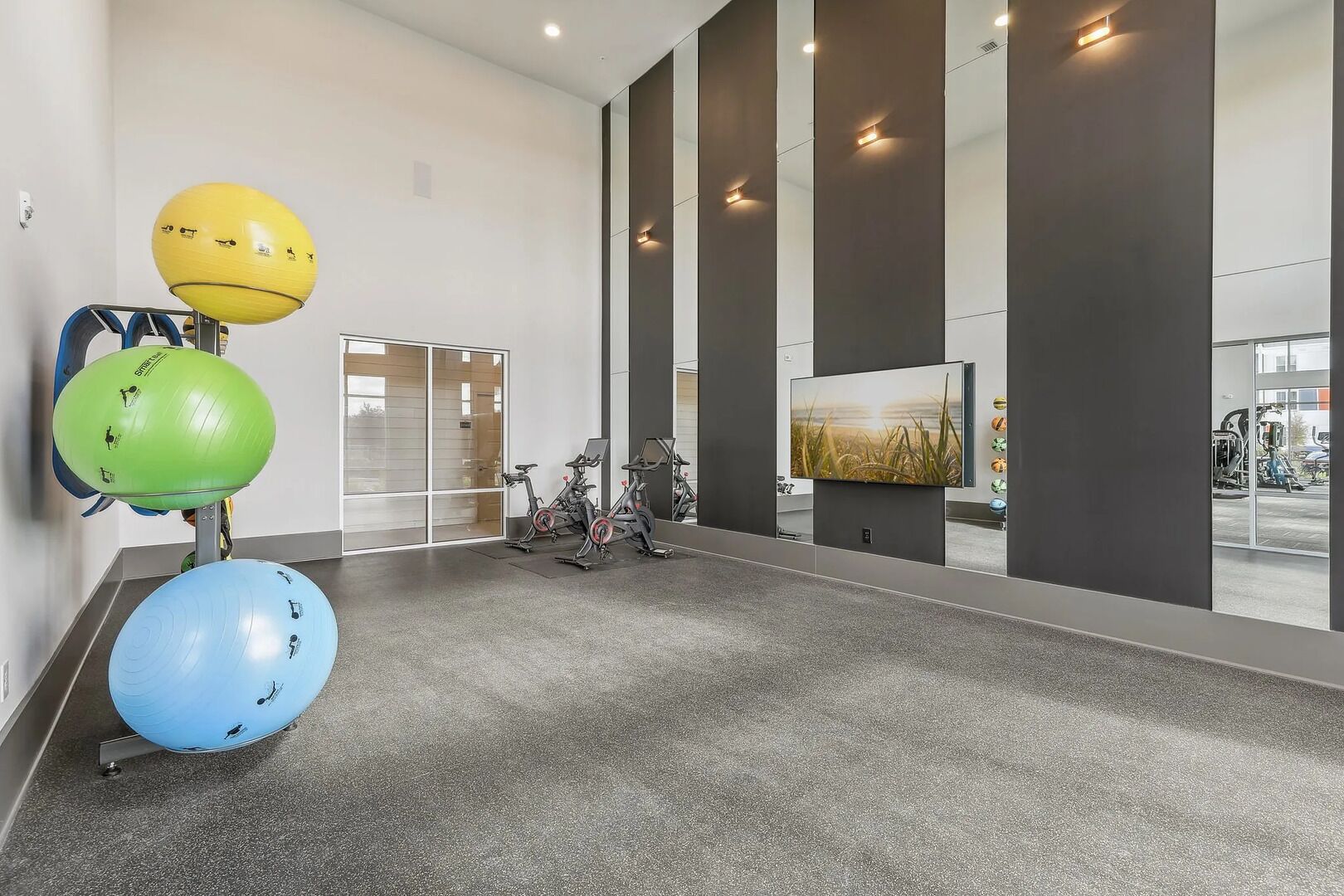 Un gimnasio con pelotas de ejercicio, bicicletas estáticas y una pantalla de televisión grande.