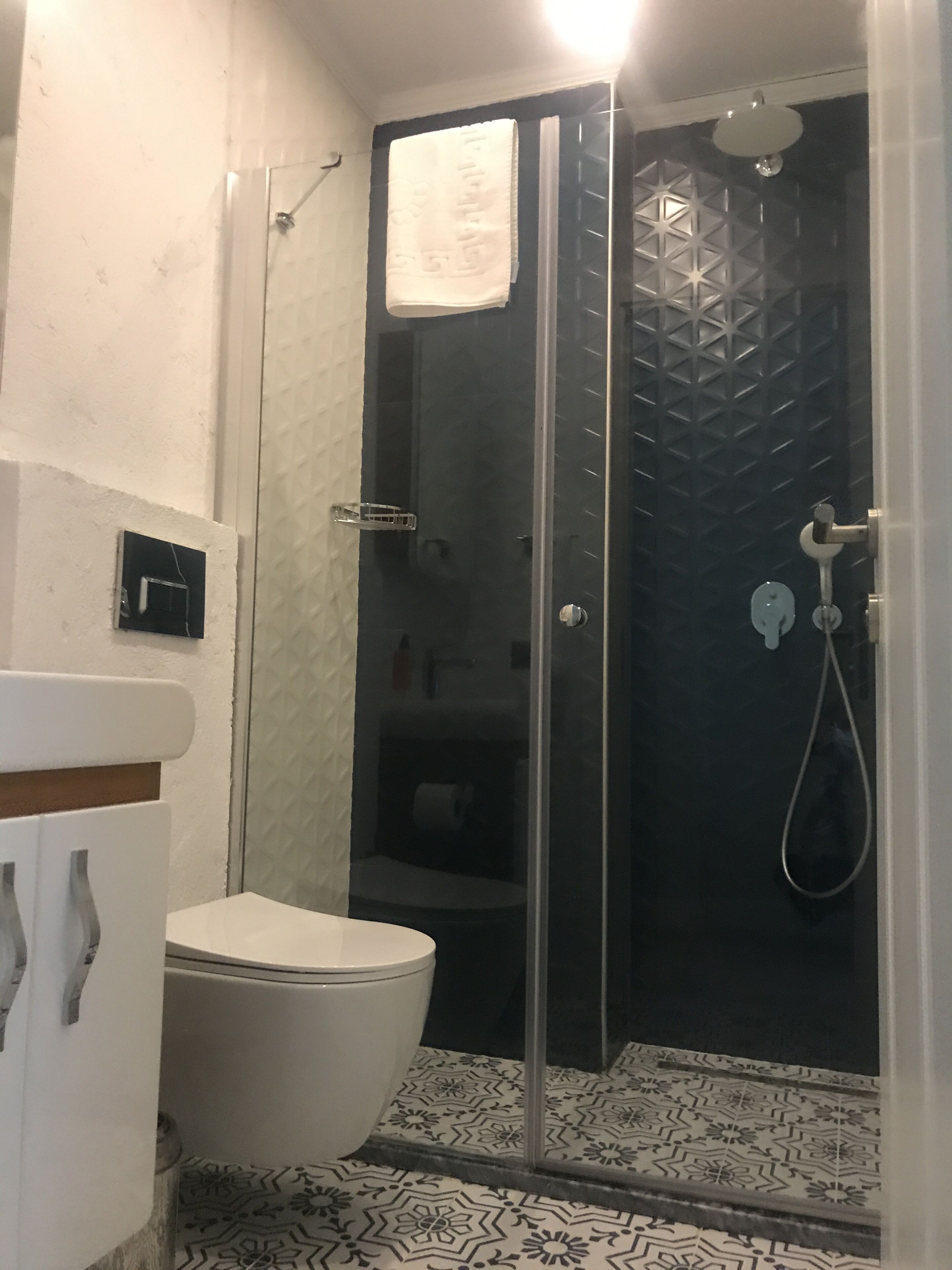 Douche, articles de toilette (gratuits), séchoir à cheveux, pantoufles