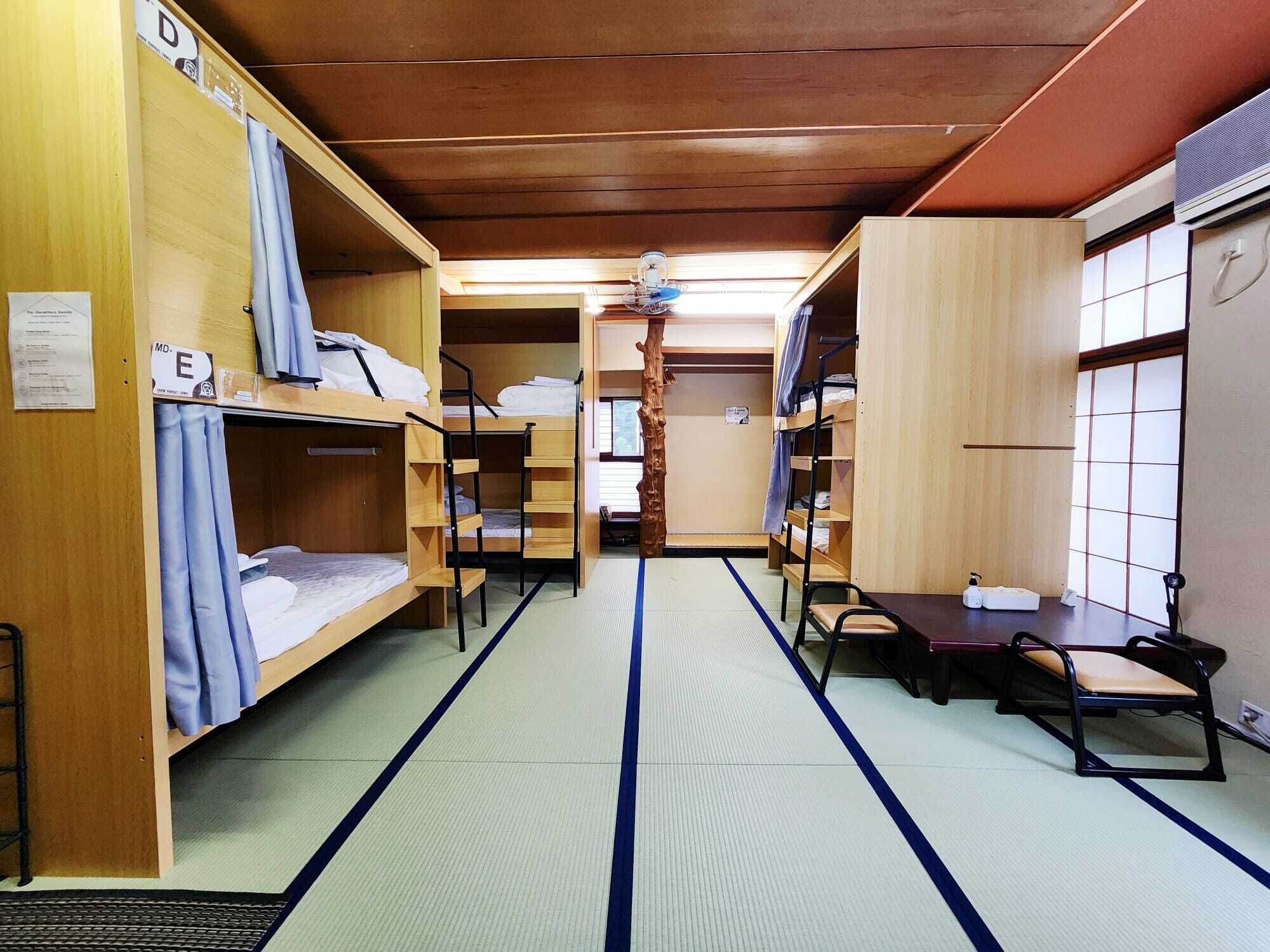 A dormitory room with bunk beds, tatami mats, a small table, and a chair.
