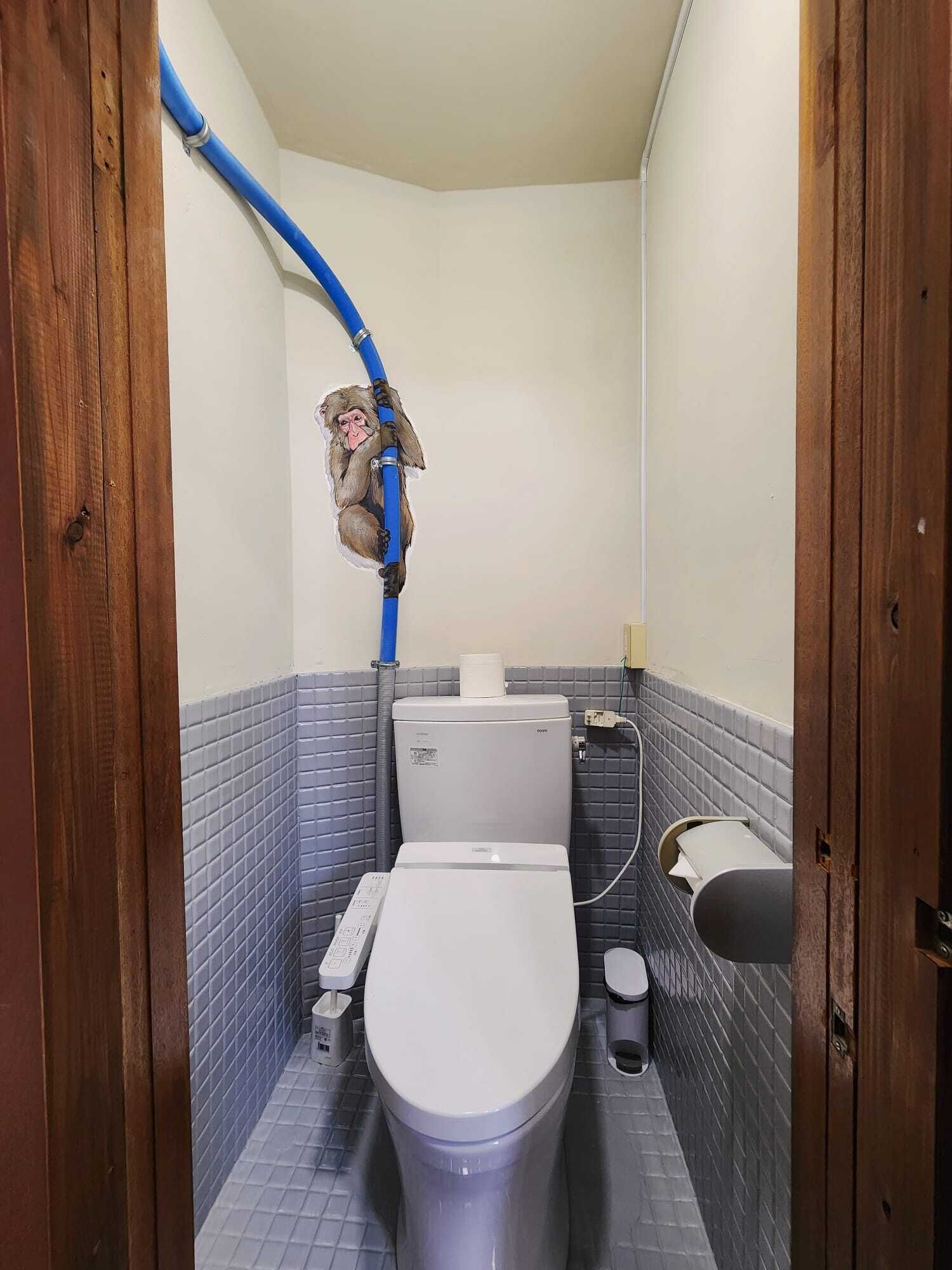 Um banheiro pequeno com vaso sanitário, um cano azul e porta-papel higiênico fixado na parede.