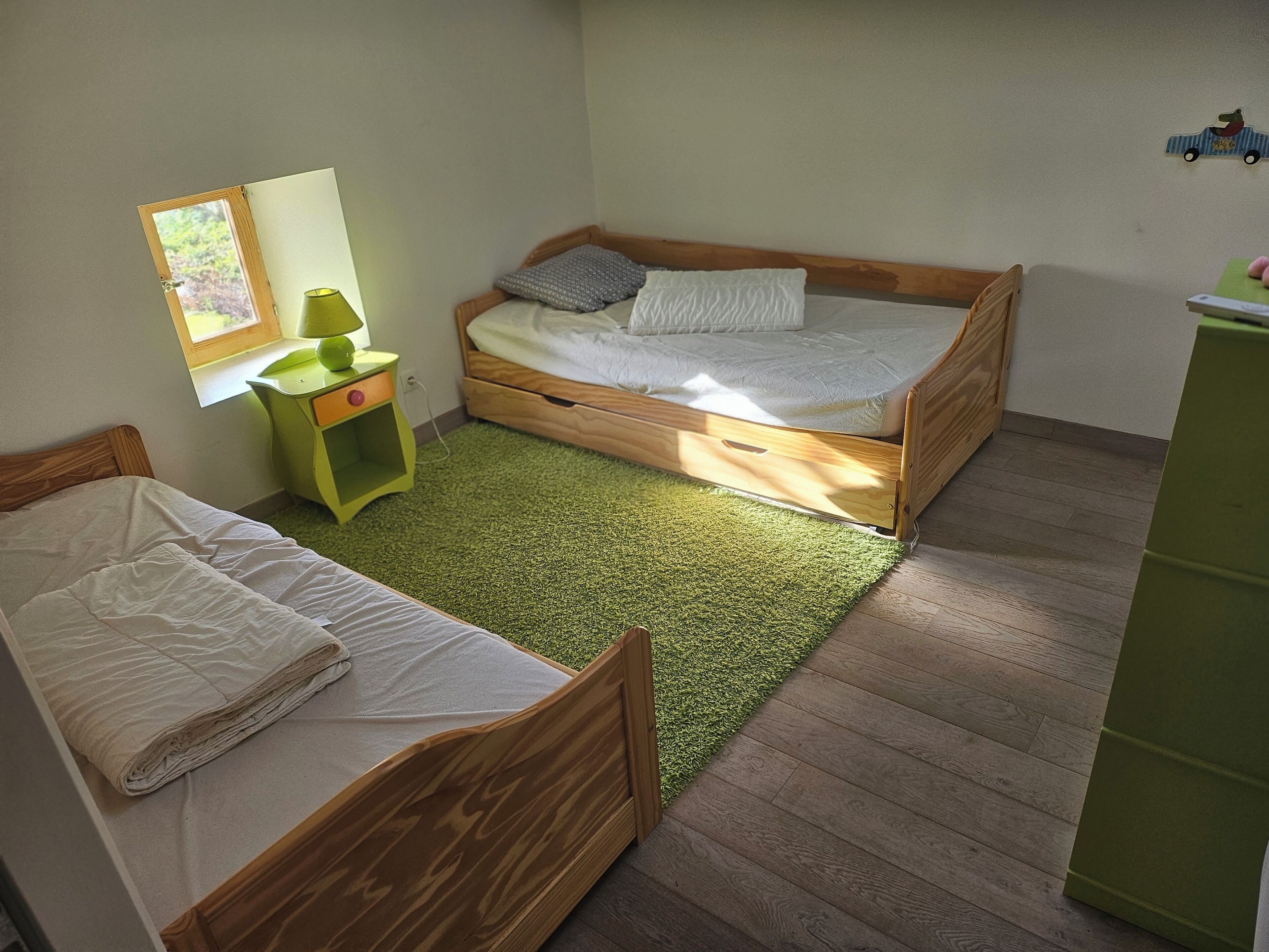 A room with two wooden beds, a green rug, a small green nightstand, a mirror, and a wooden dresser.