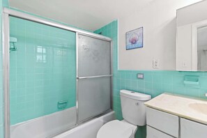 Hair dryer, towels, soap, toilet paper