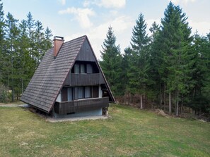Een chalet met schuin dak, schoorsteen en balkon.