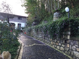 Un sendero adoquinado que lleva a un muro de piedra con un farol.