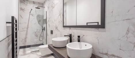 Hair dryer, towels, soap, toilet paper