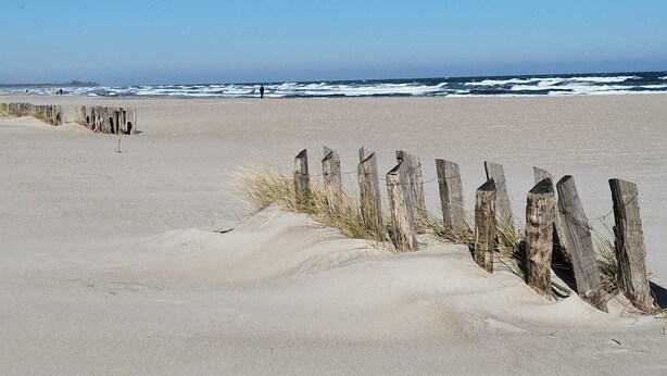 A sandy beach with a wooden fence and ocean waves in the background. - Cozy and barrier-free vacation apartment with balcony in Damp. Directly by the sea. (Thumby)