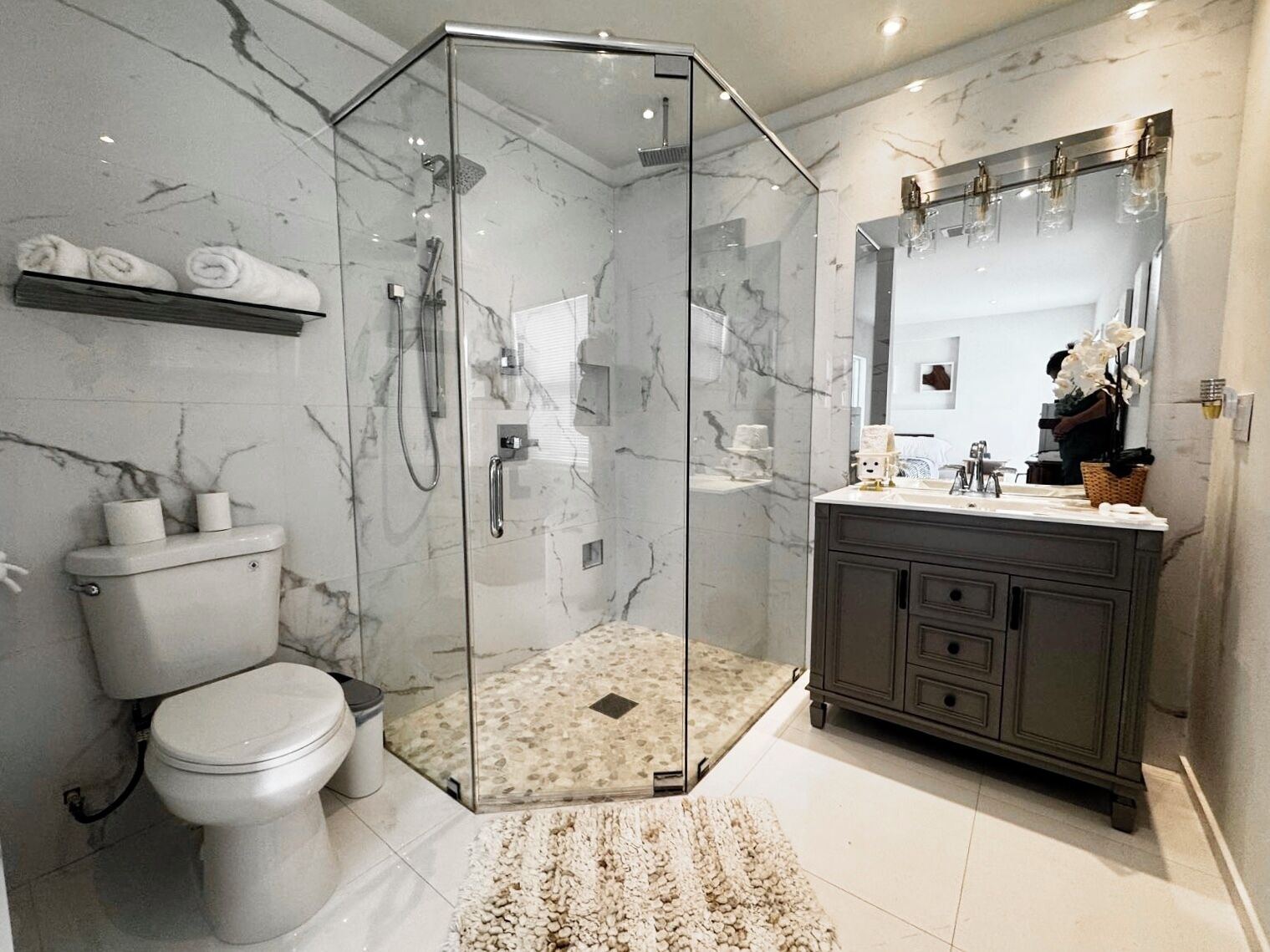 Hair dryer, towels, soap, toilet paper