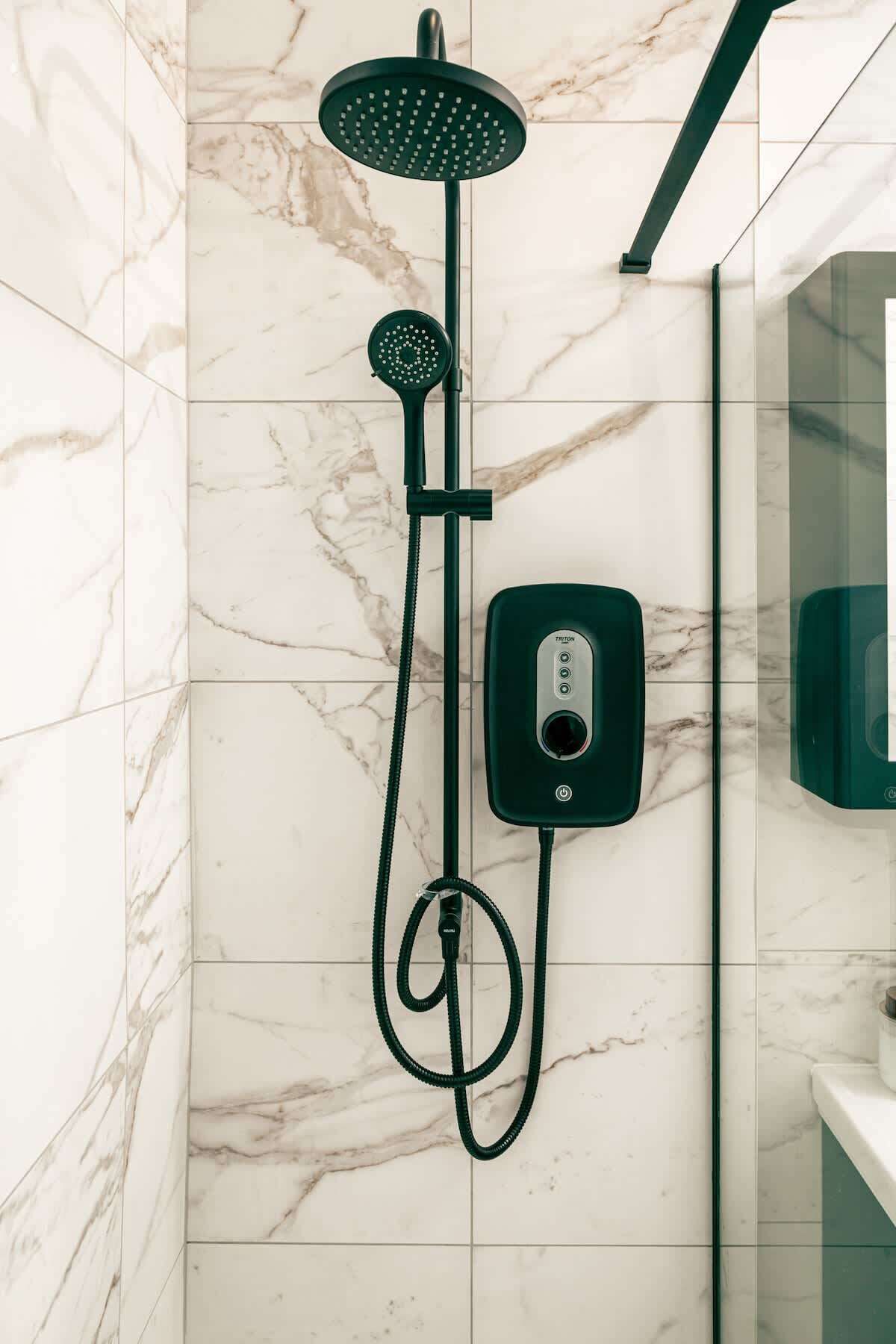 Shower, hair dryer, shampoo