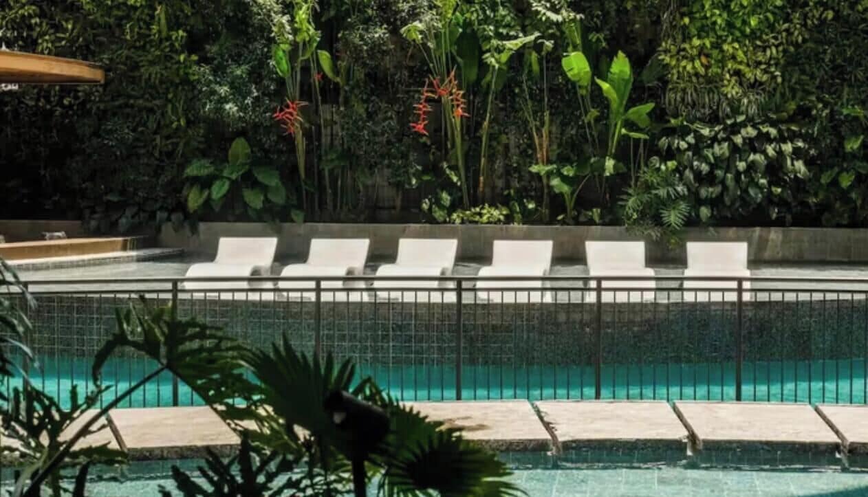 Una piscina con lettini da relax, circondata da vegetazione lussureggiante e un recinto in piastrelle.