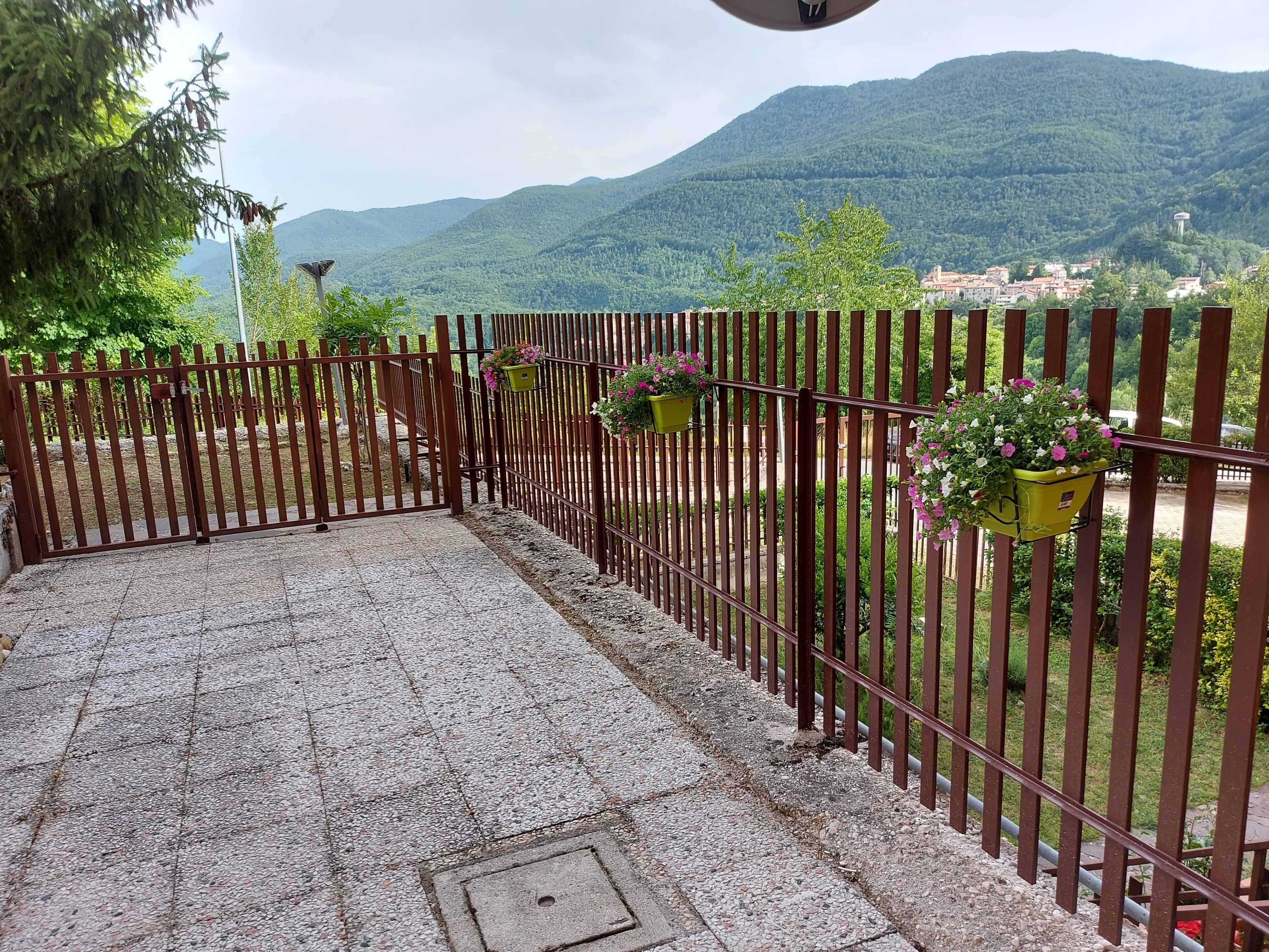 Een balkon met een metalen hekwerk, planten in potten en uitzicht op een bergachtig landschap.