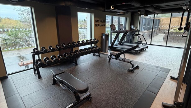 Ett gym med en bänk, hantlar och ett löpband.