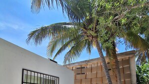 A patio with white plastic chairs and a table, a barred window, and a palm tree. - Cozy house 150 meters from the Beach in Chicxulub Puerto (Chicxulub)
