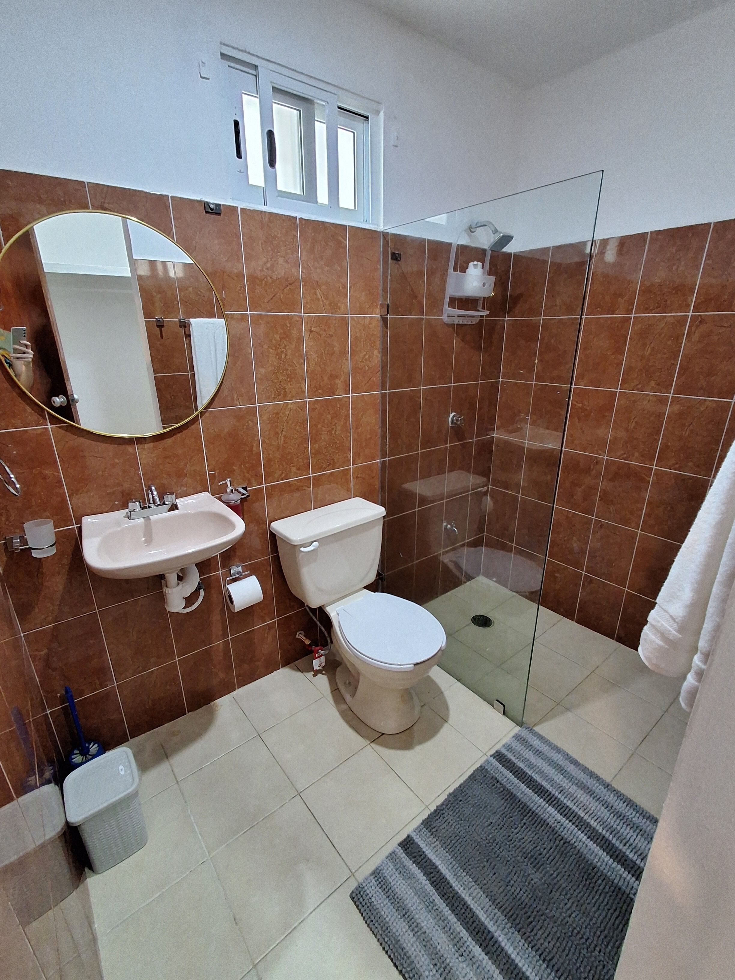 A bathroom with a sink, toilet, and glass shower enclosure.