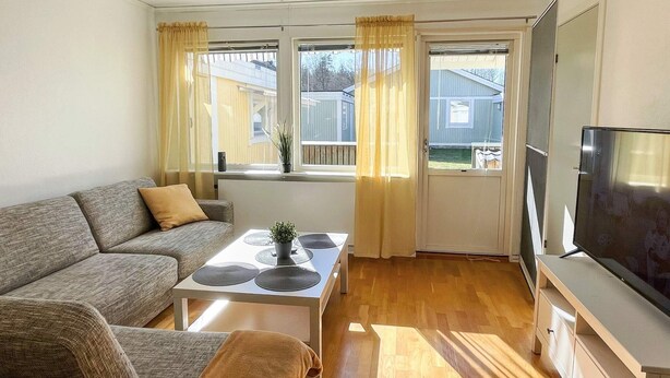 A compact living space with a sofa, a small table with a plant, a television, and a view of a house through a window. - 6 Person Holiday Home in Timmernabben (Fliseryd)