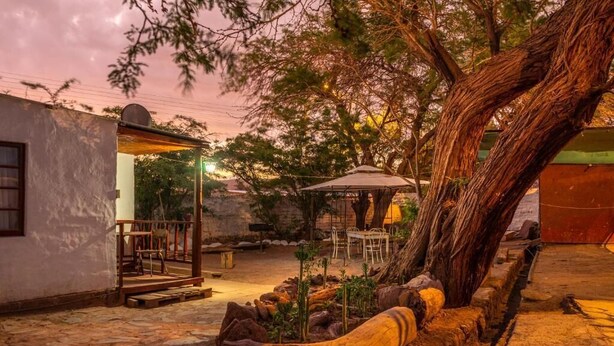 A rustic outdoor area with a wooden bench, a table, and a large tree. - La Casa del Sol Naciente (San Pedro de Atacama)