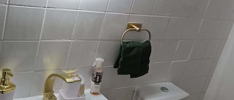 Chuveiro, secador de cabelo, toalhas de banho, sabonete