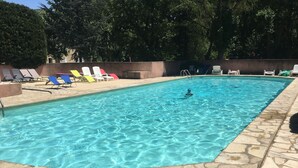 A rectangular swimming pool with clear blue water, surrounded by stone tiles and a variety of colorful lounge chairs. - Charming apartment at the foot of the Luberon ochres (Rustrel)