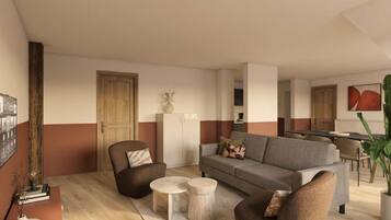 Condo tiện nghi đơn giản, 2 phòng ngủ, quang cảnh thành phố | Khu phòng khách