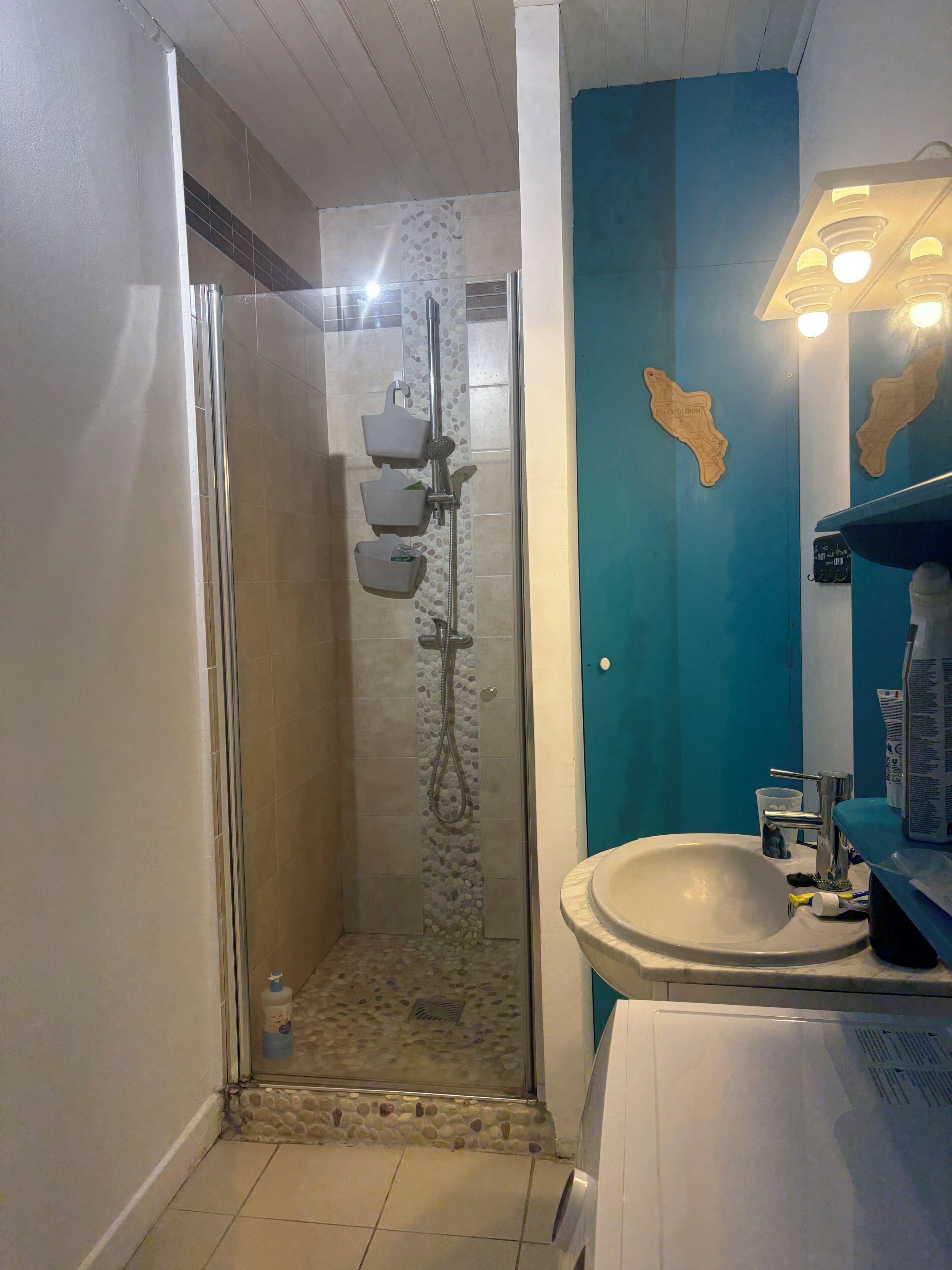 Een douche, een haardroger, zeep, shampoo