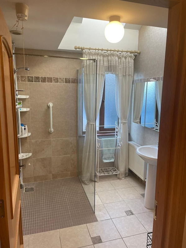 Shower, hair dryer, towels, soap