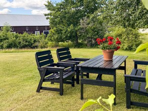 A picnic table with chairs and a potted plant with red flowers. - 5 Star Holiday Home in Enhorna (Enhorna)