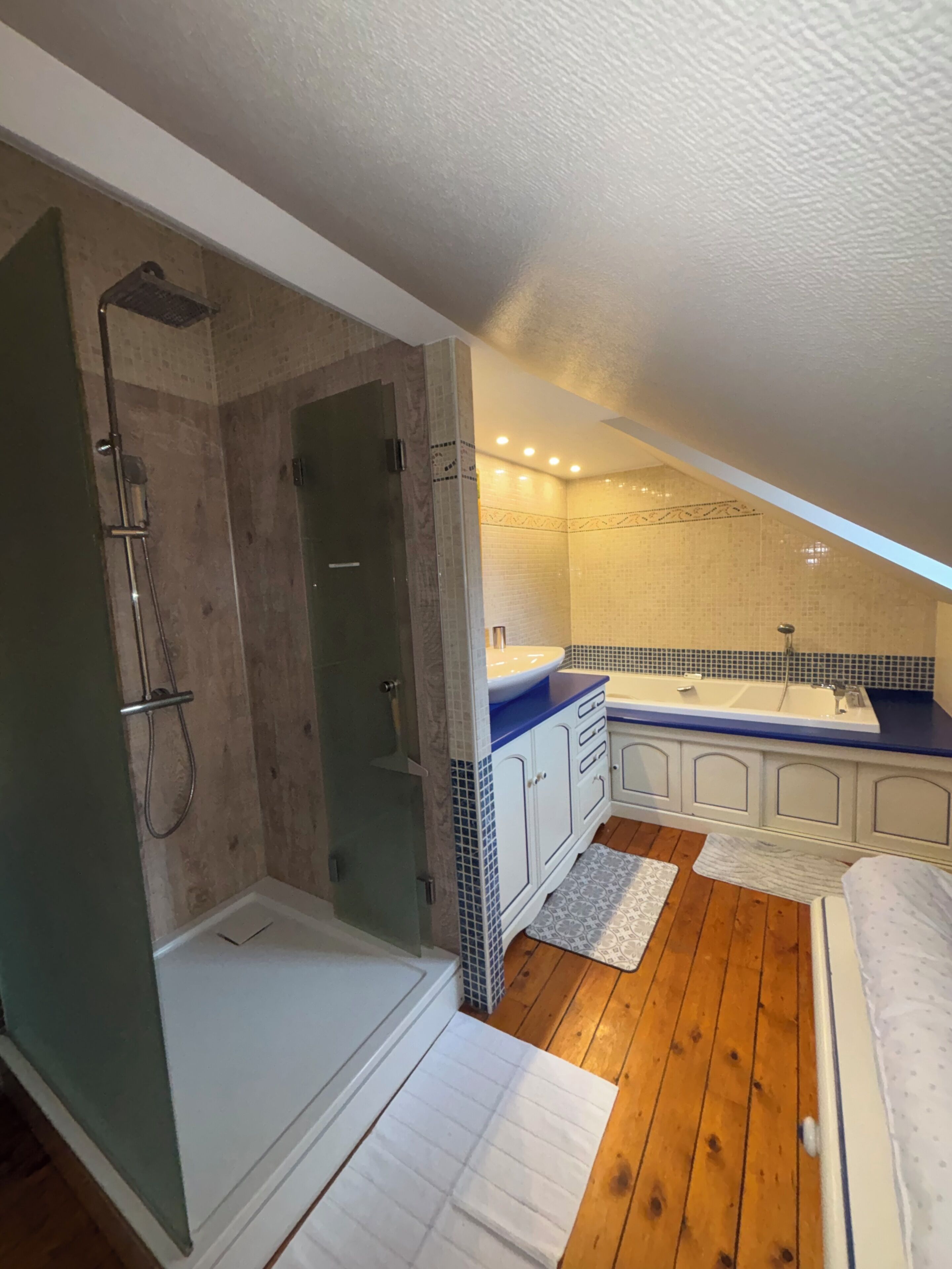 Een badkamer met een douche, een wastafel en een bad.