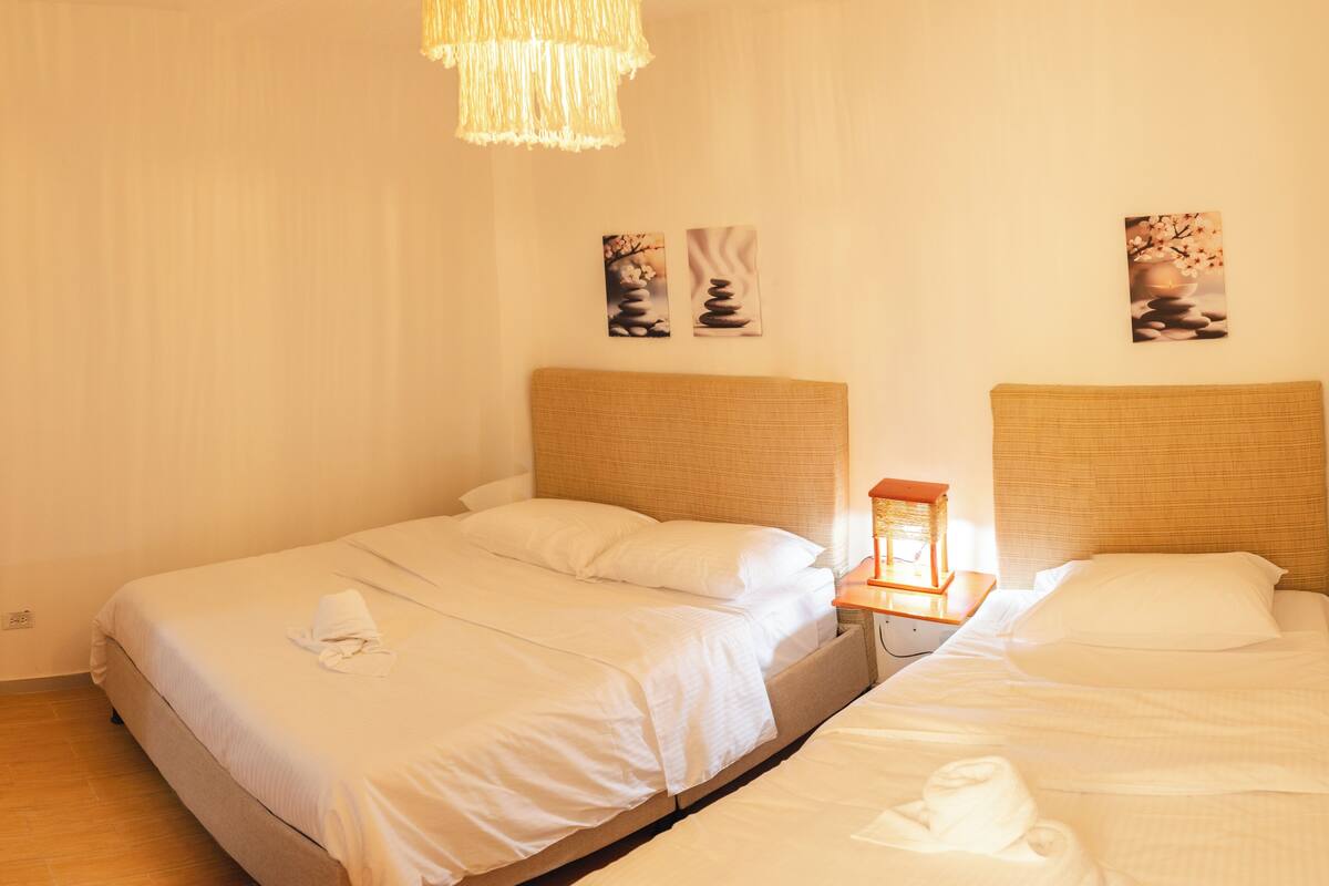 Habitación de hotel con dos camas, una lámpara colgante y decoración en la pared.