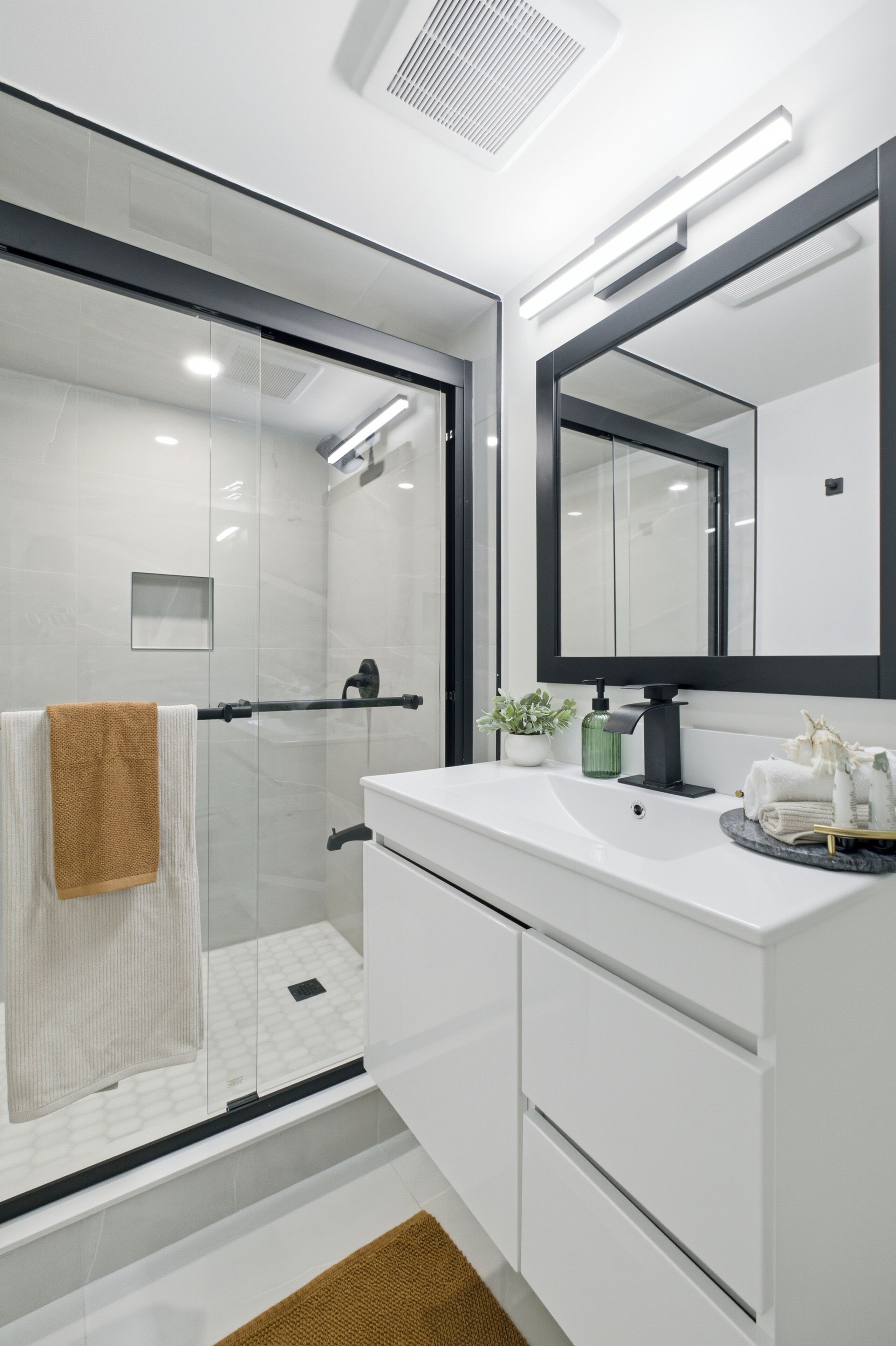 Hair dryer, towels, soap, toilet paper