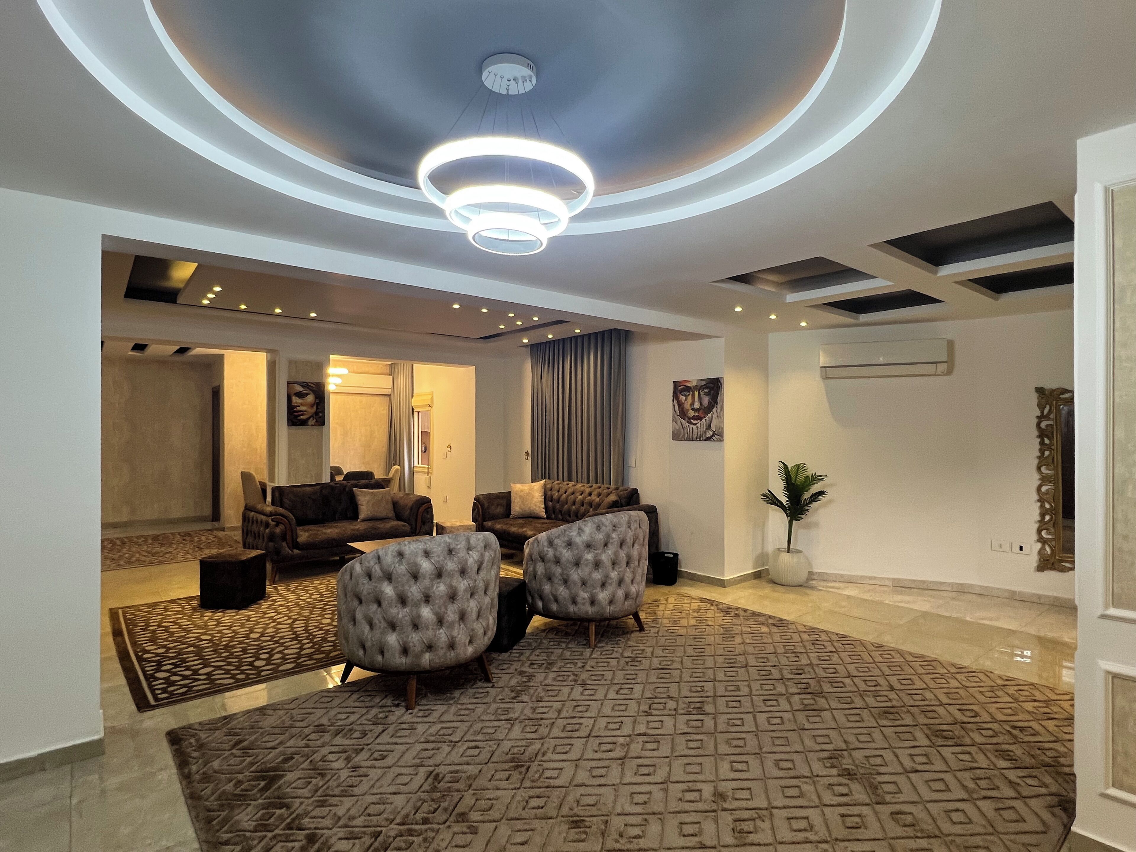 A modern living room with a circular ceiling light, sofas, a patterned rug, and a potted plant.