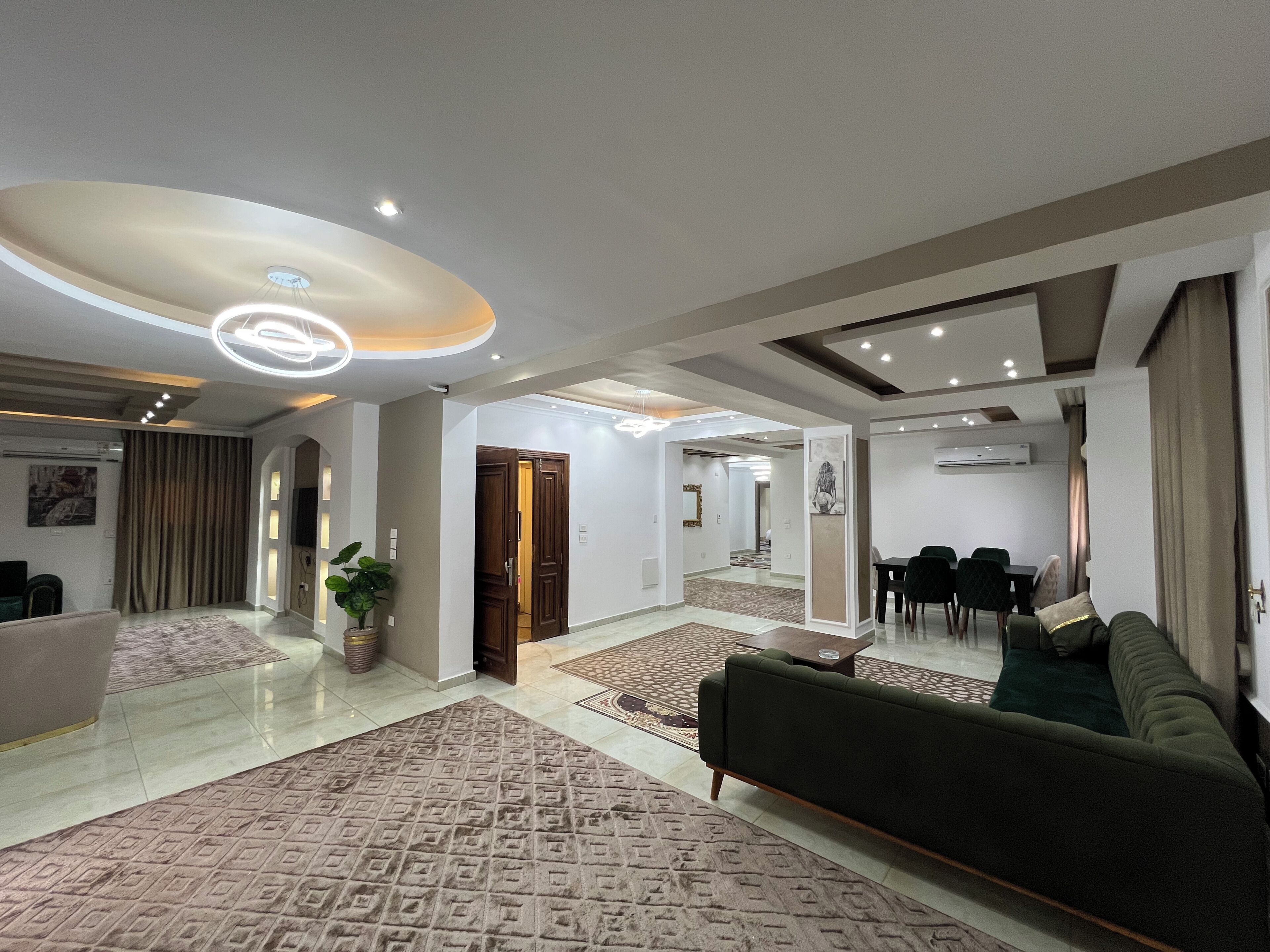 A modern living room with a green sofa, a patterned rug, and a ceiling light fixture.