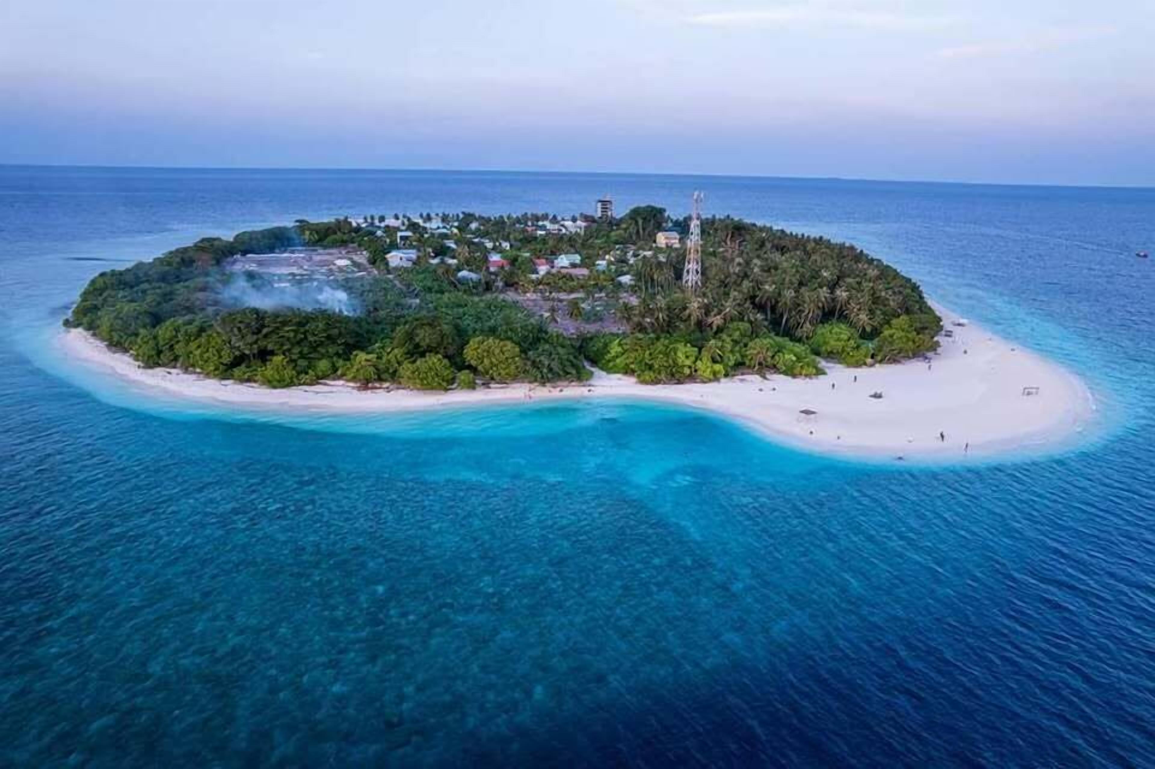 Vista aérea de una isla tropical con playa, vegetación densa y algunos edificios.