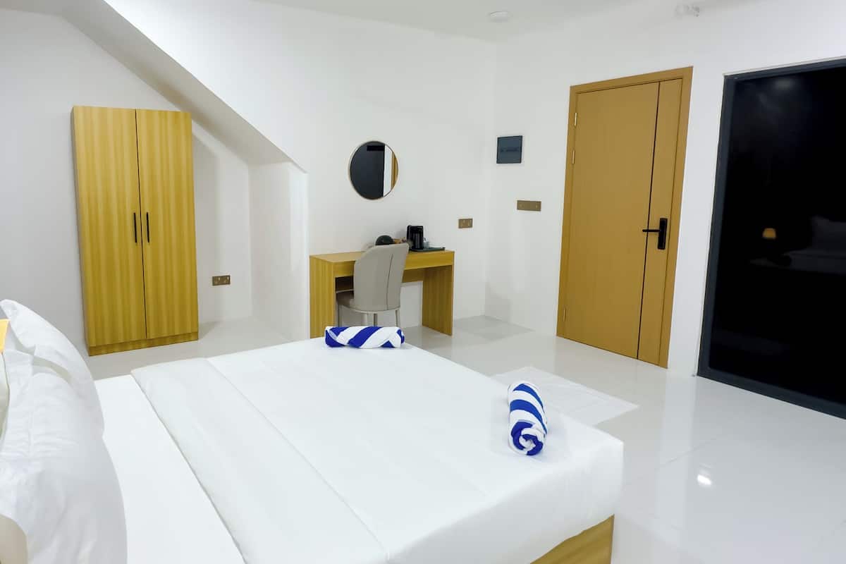 A hotel room with a bed, a desk, a wardrobe, and a door.