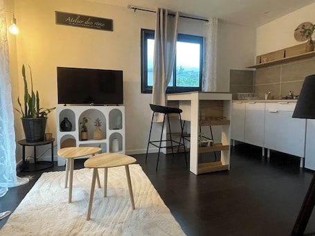 Fernseher. Cosy furnished studio, quiet, nature