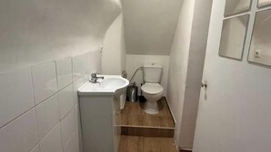 Ett litet badrum med ett vitt handfat, en toalett och en duschhörna.