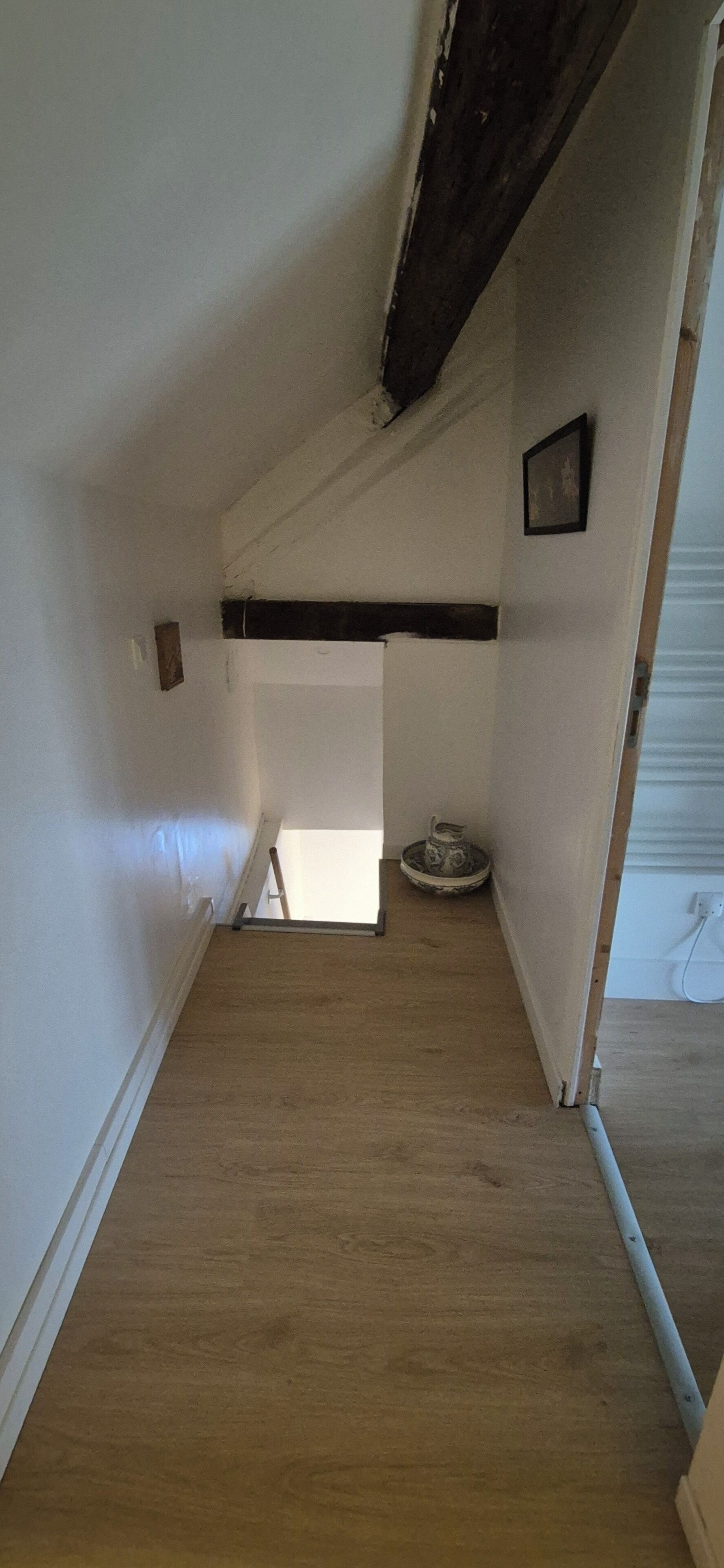 Ein schmaler Korridor mit Holzboden, einer sichtbaren Tür und einem kleinen, runden Gegenstand auf dem Boden.