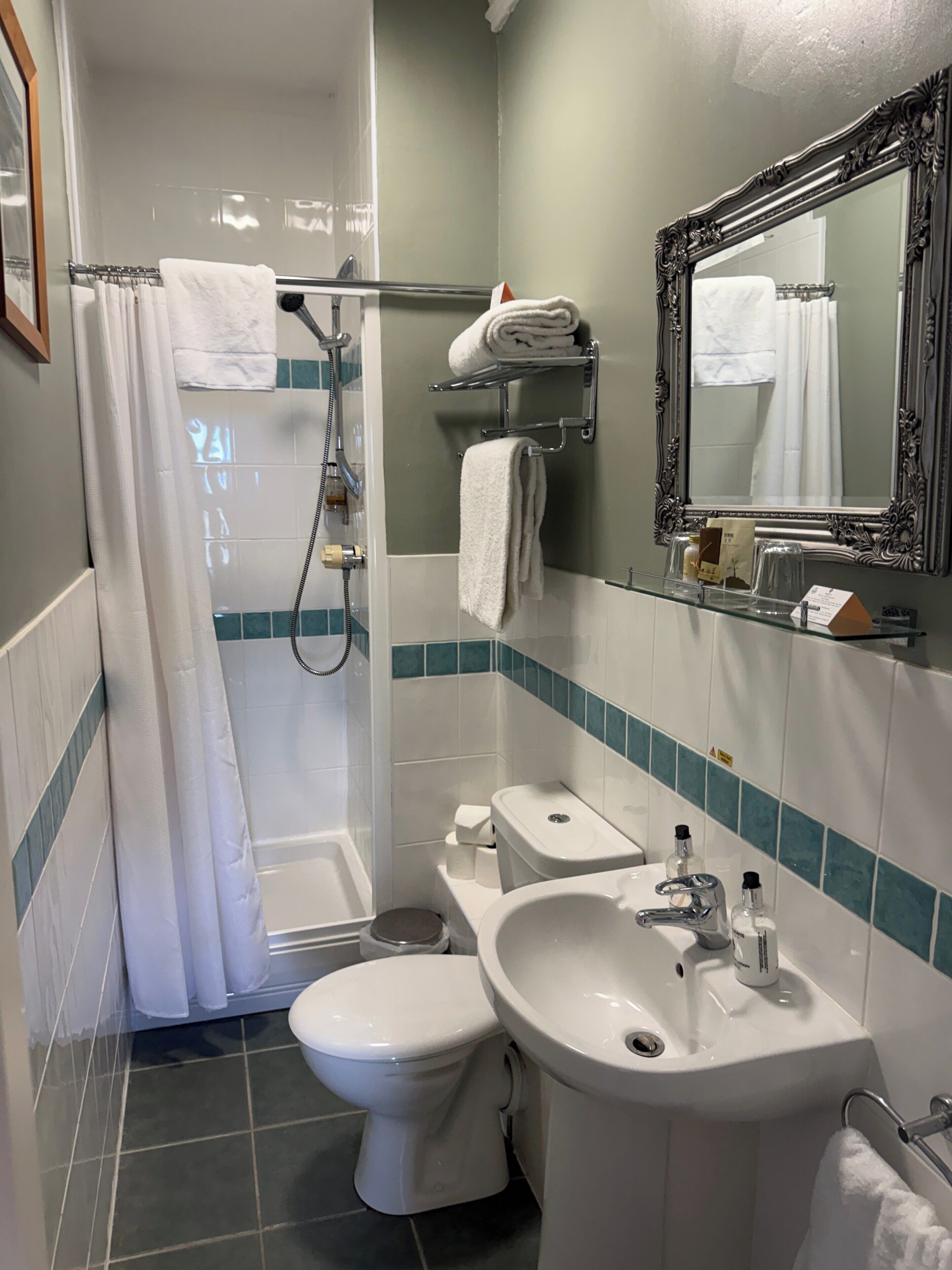 A bathroom with a shower, toilet, sink, and a mirror with a decorative frame.
