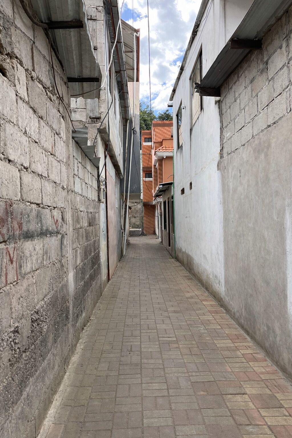 A narrow alleyway with brick paving, flanked by buildings with visible windows and doors.