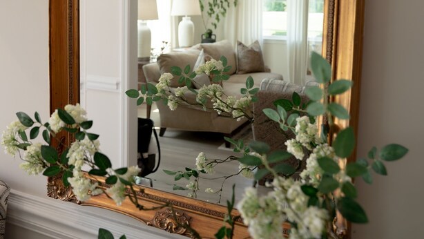 Una habitación con un espejo grande, un sofá y una planta al frente.