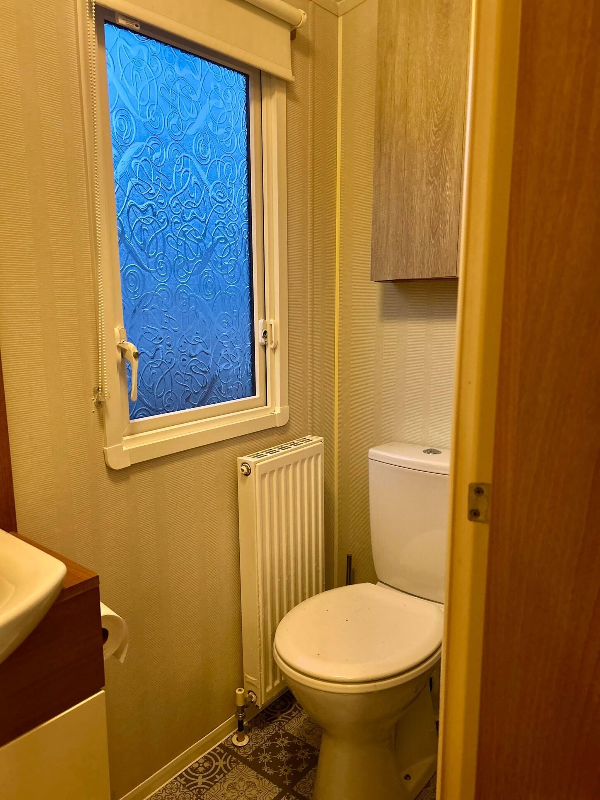 A small bathroom with a toilet, a radiator, and a window with a patterned glass.