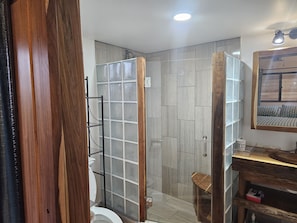 Regadera, toallas, jabón, papel de baño